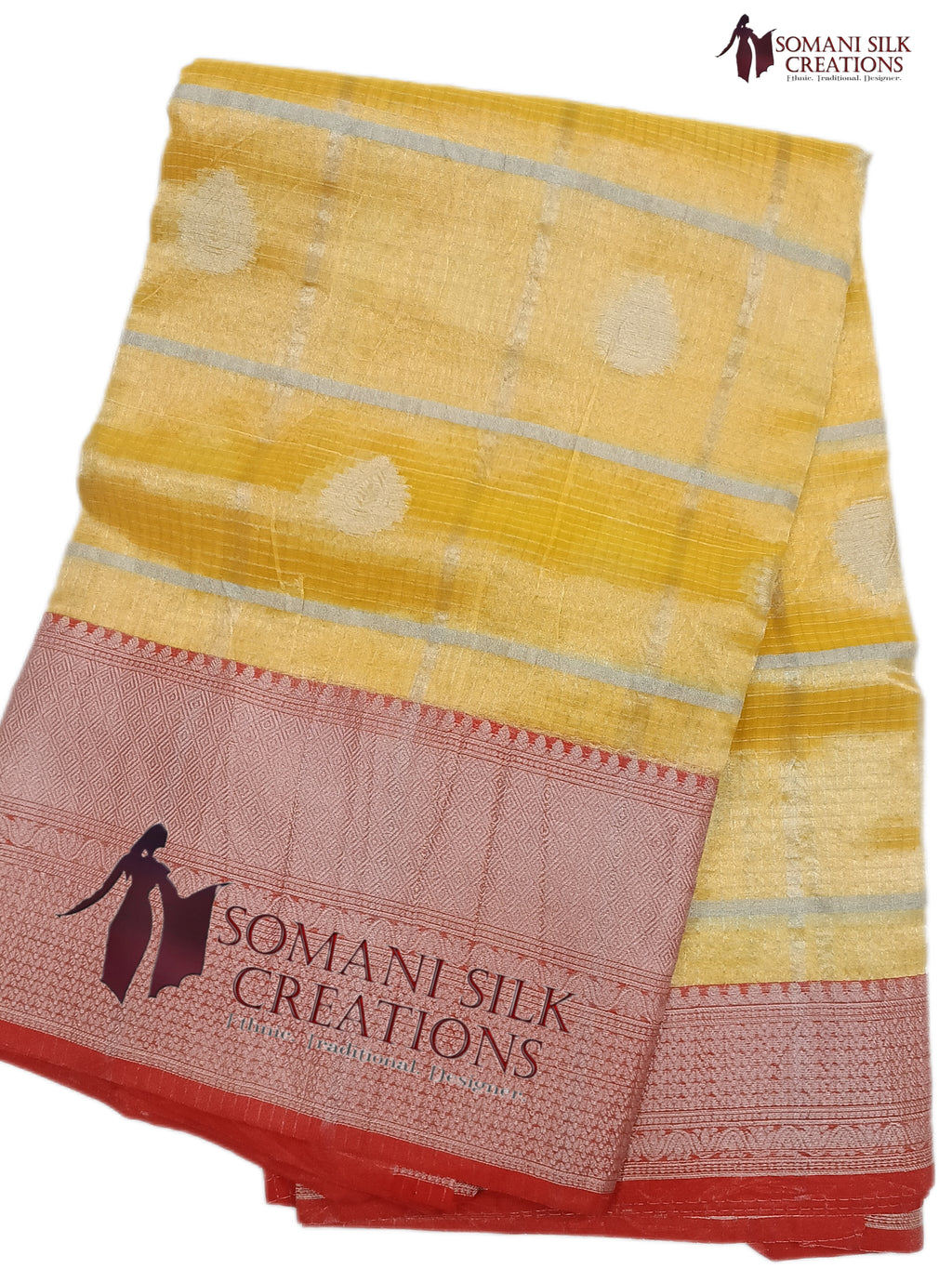 Yellow banarsi organza check saree with buti and red border