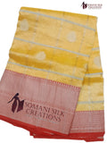 Yellow banarsi organza check saree with buti and red border