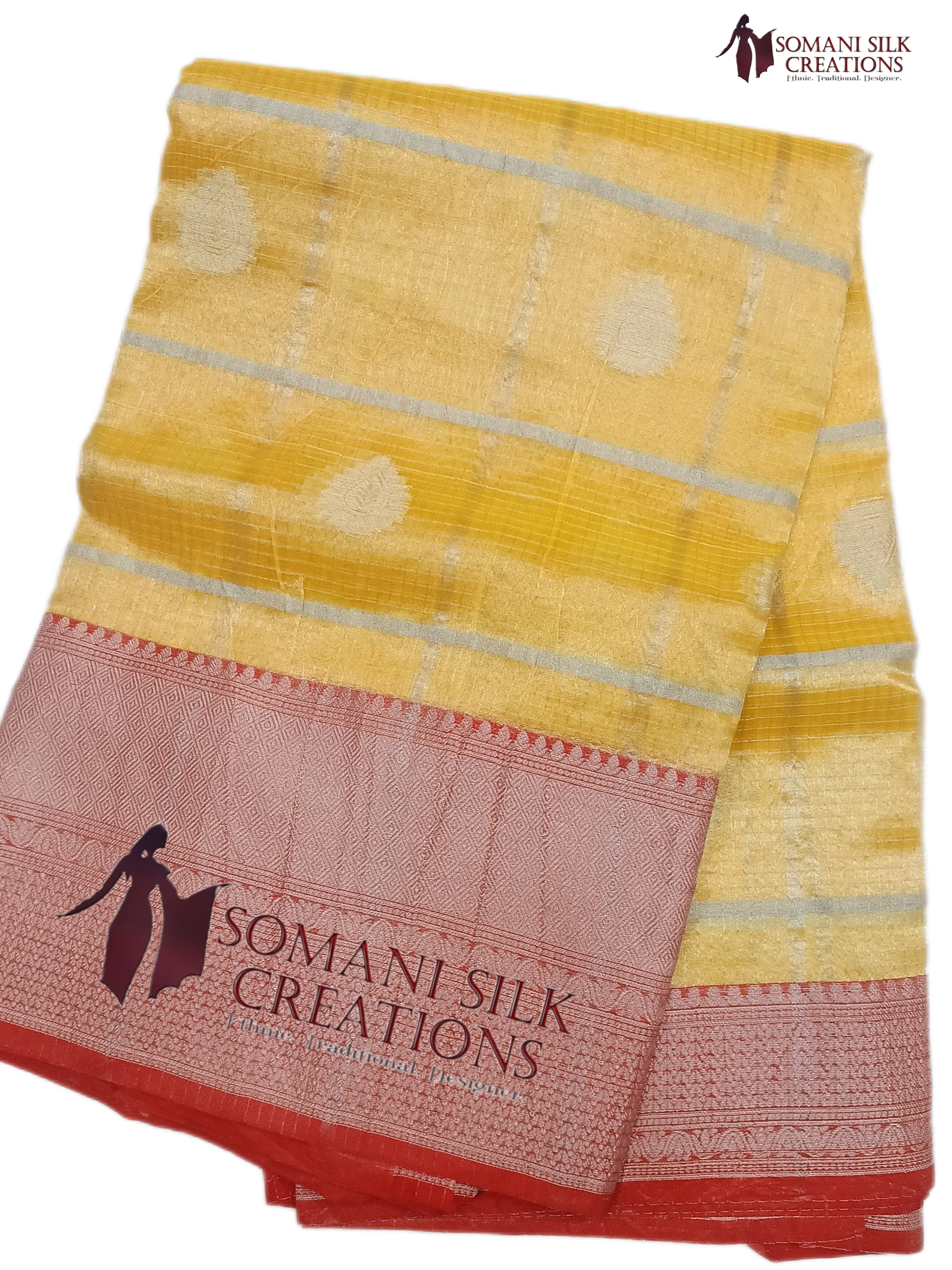 Yellow banarsi organza check saree with buti and red border