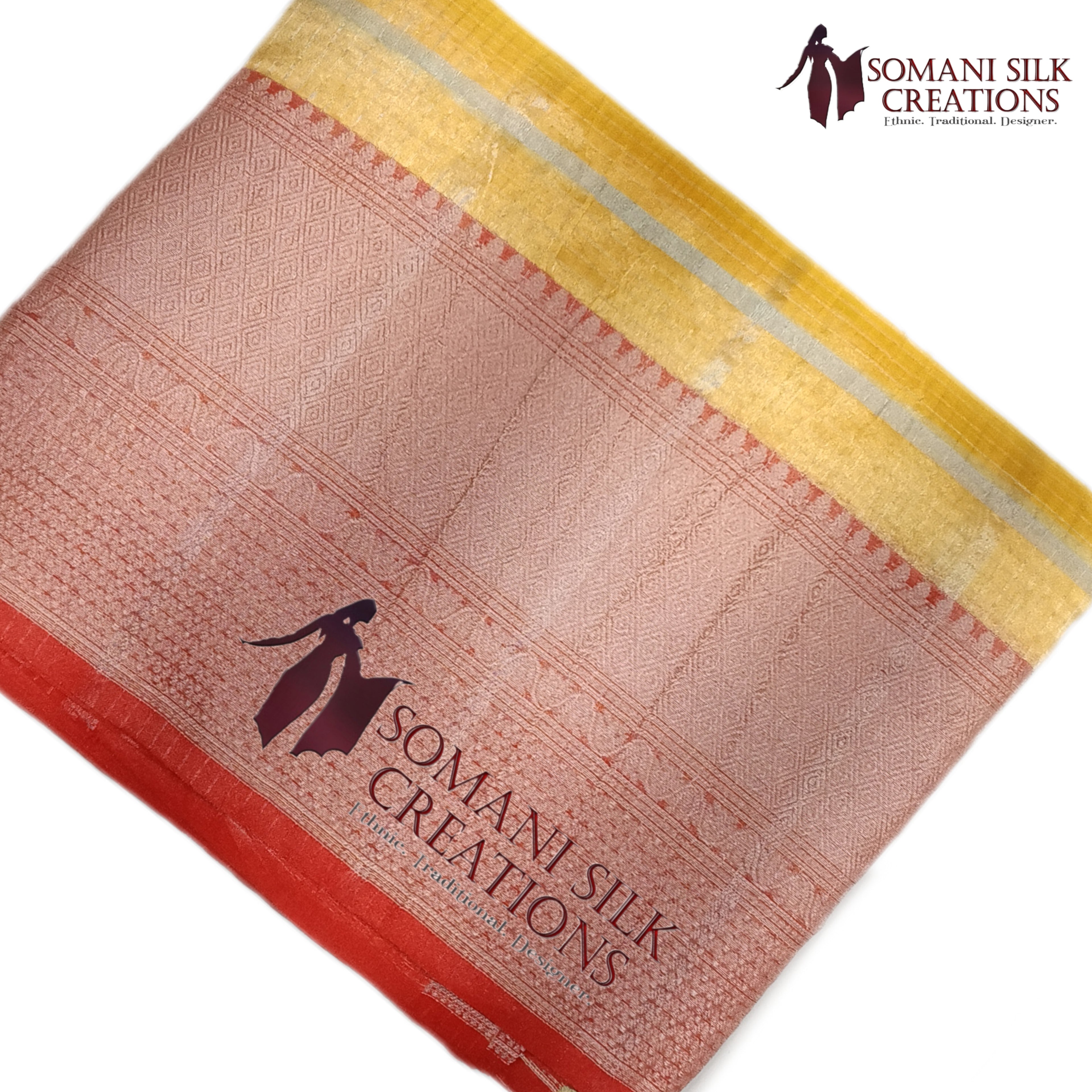 Yellow banarsi organza check saree with buti and red border
