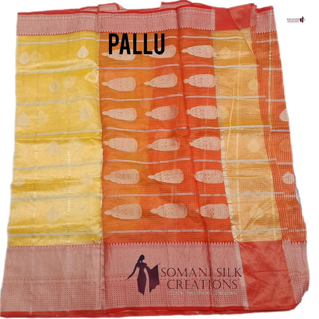 Yellow banarsi organza check saree with buti and red border