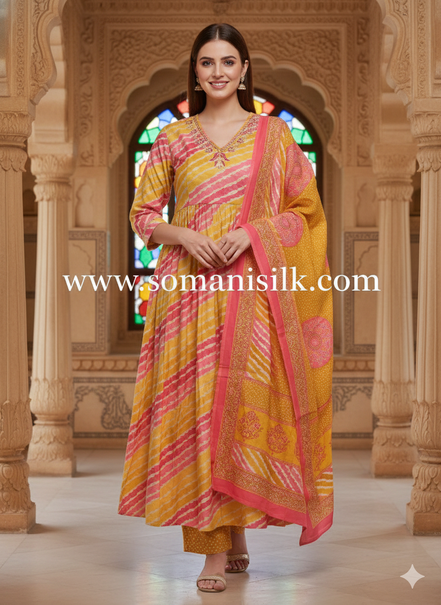 Yellow Pink Multicolour Lehariya Suit, suits in gwalior, dress for haldi, mehandi