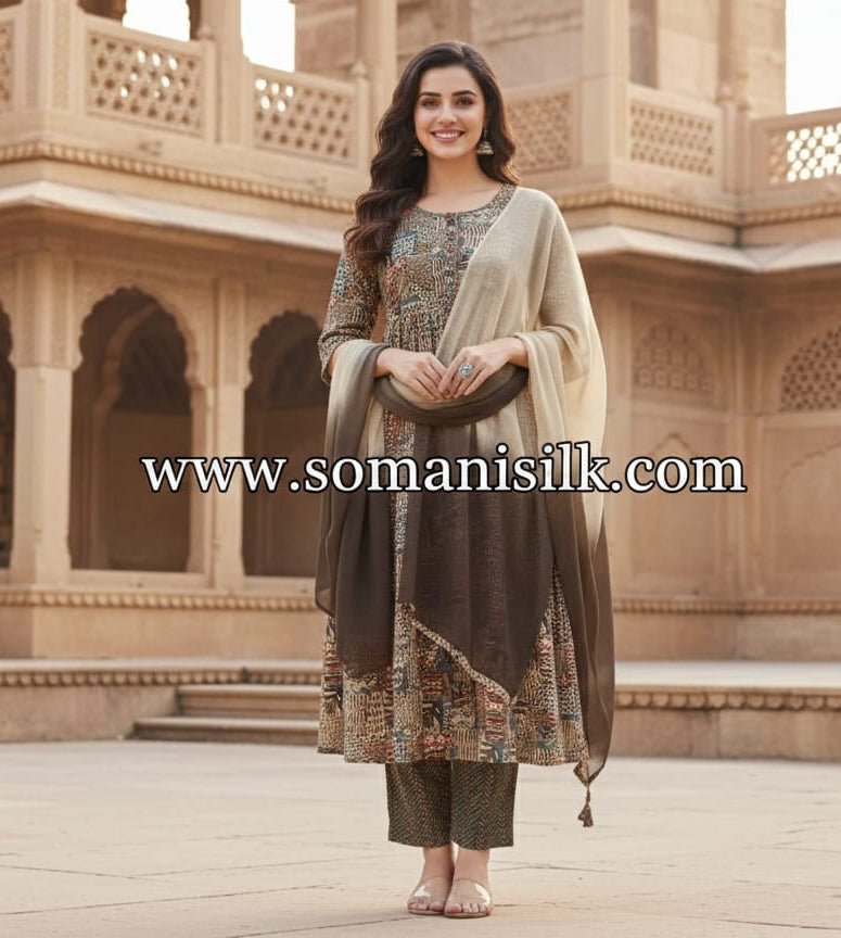 abstract print long salwar suit, muslin three piece suit in gwalior