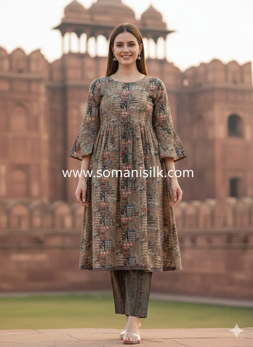 abstract print long salwar suit, muslin three piece suit in gwalior