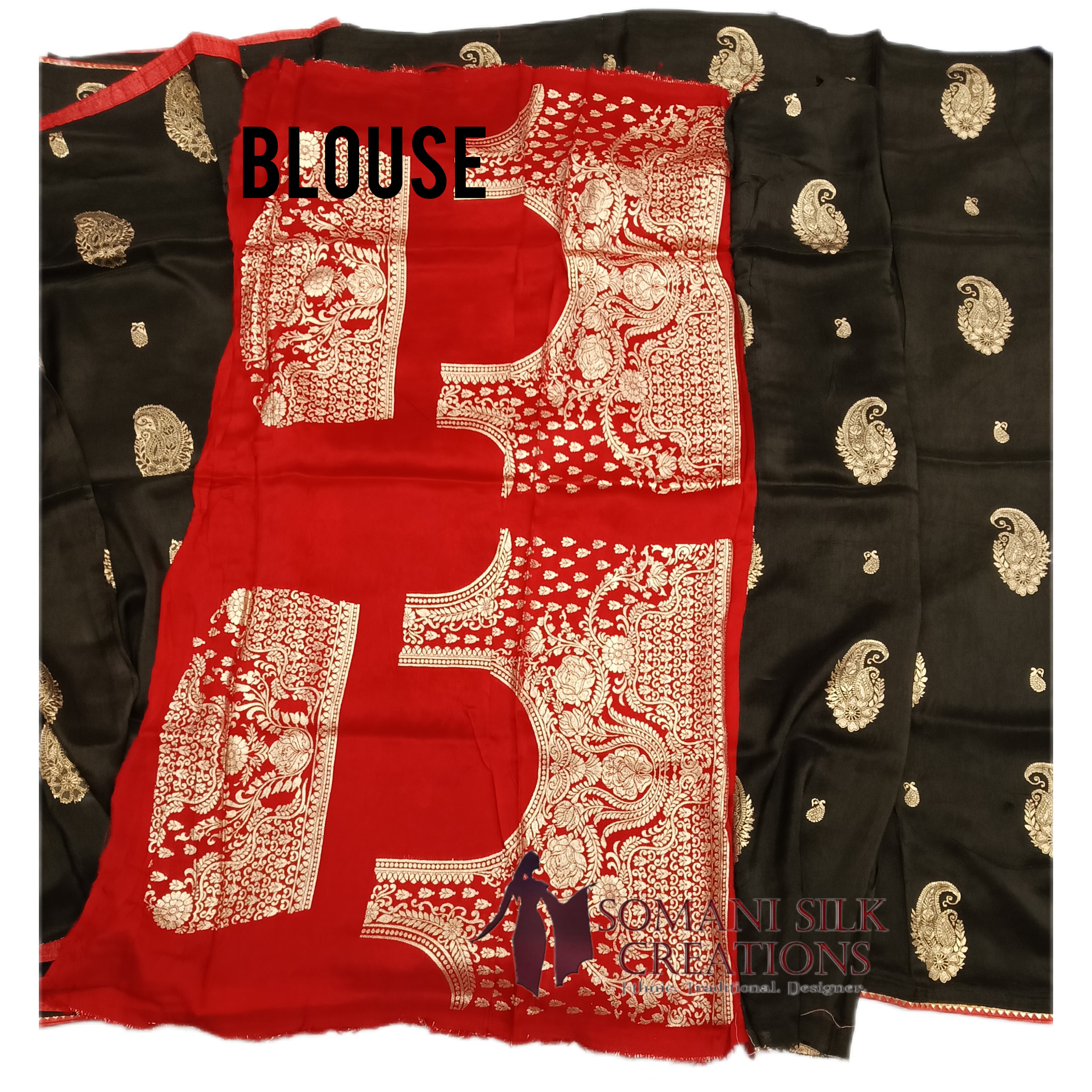 black dola silk zari buta heavy blouse saree