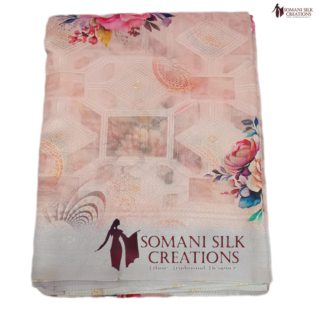 Organza art silk light color heavy pallu saree with floral print