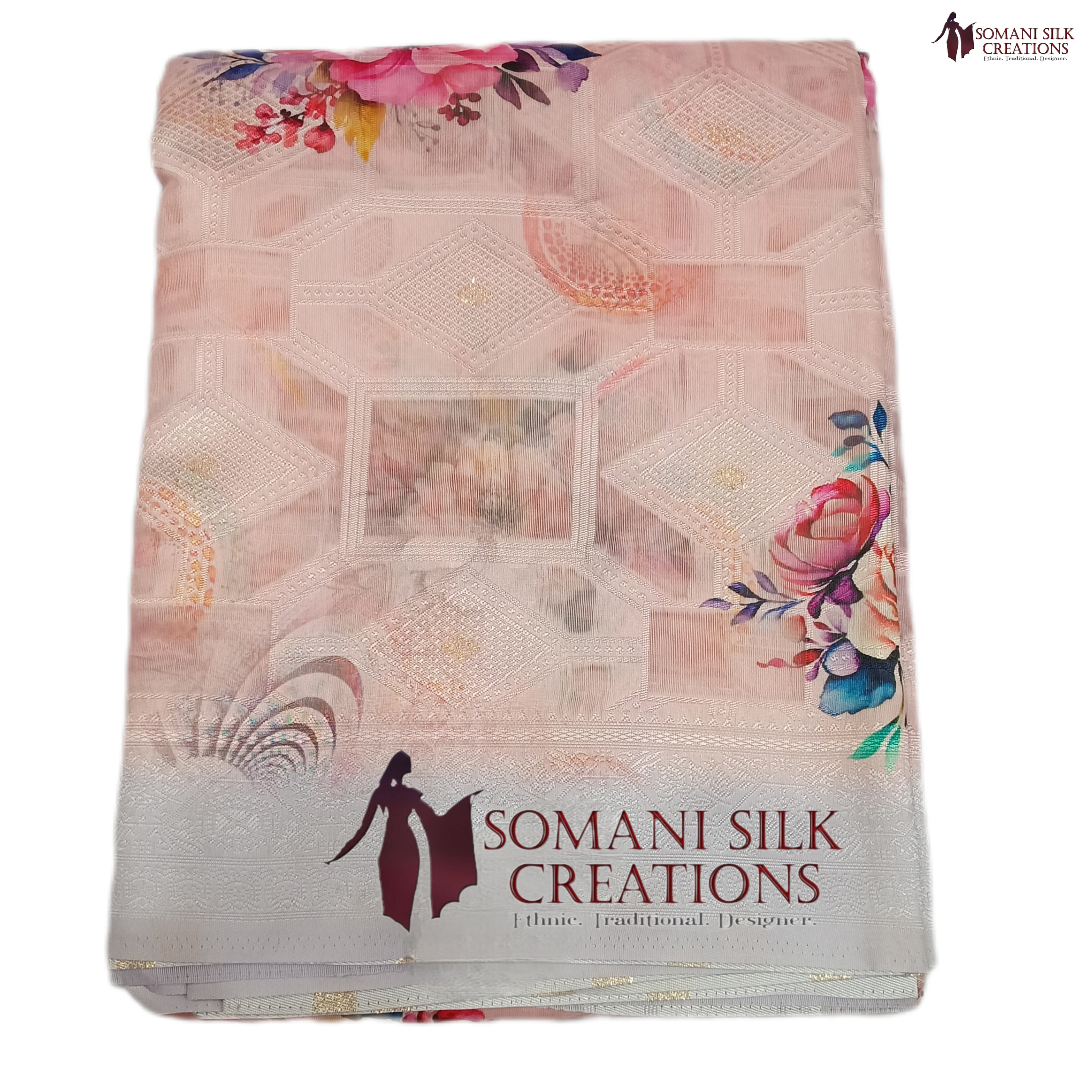Organza art silk light color heavy pallu saree with floral print