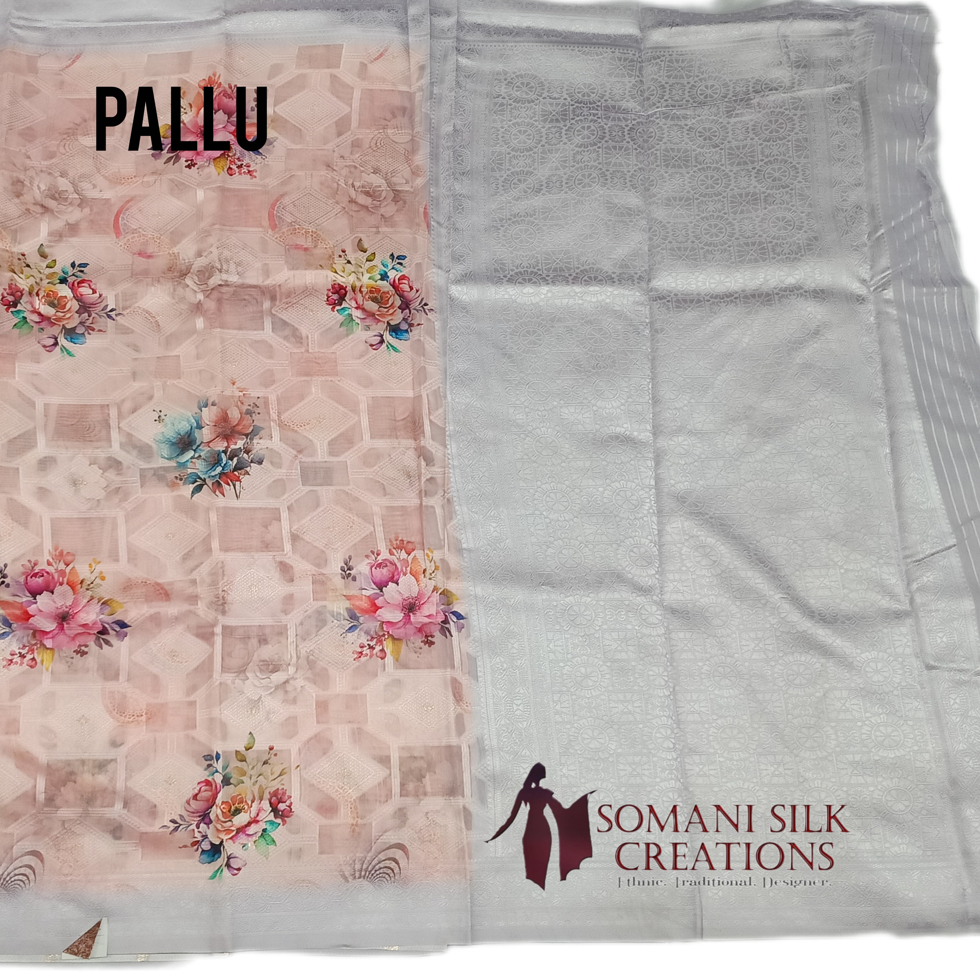 Organza art silk light color heavy pallu saree with floral print