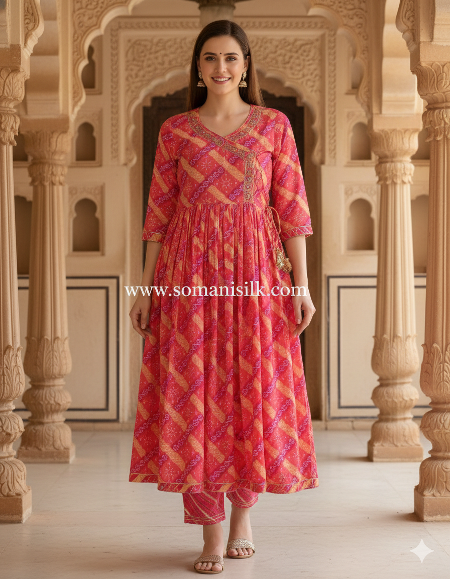 peach red Lehariya Angrakha suit for festive occasions