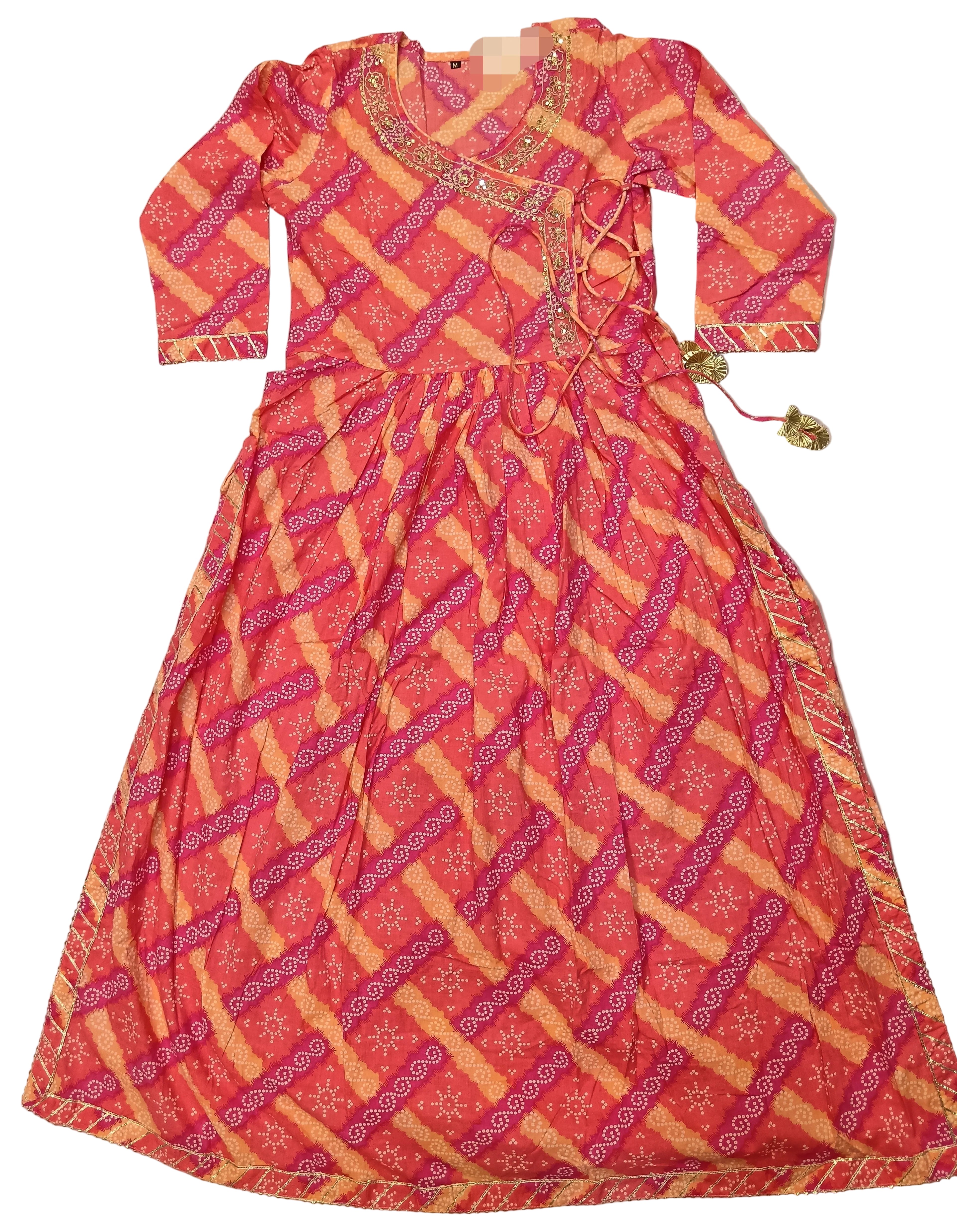 peach red Lehariya Angrakha suit for festive occasions