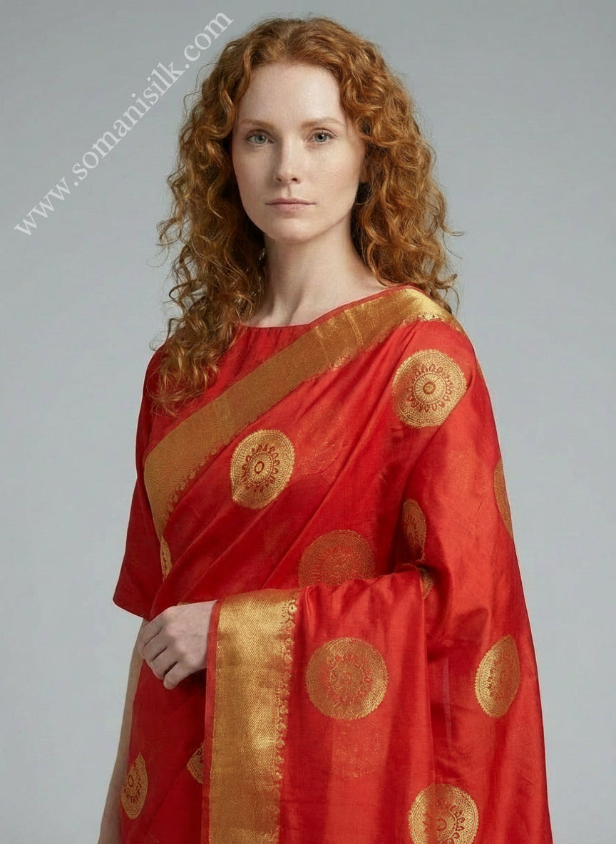 Close-up of the model wearing Red Erkali Chanderi Saree with Golden Zari Buti