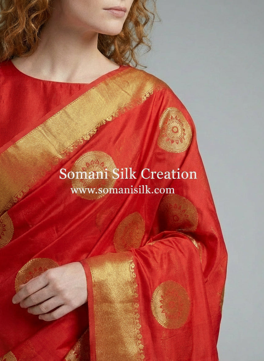 Detail shot of Red Erkali Chanderi Saree with Golden Zari Buti