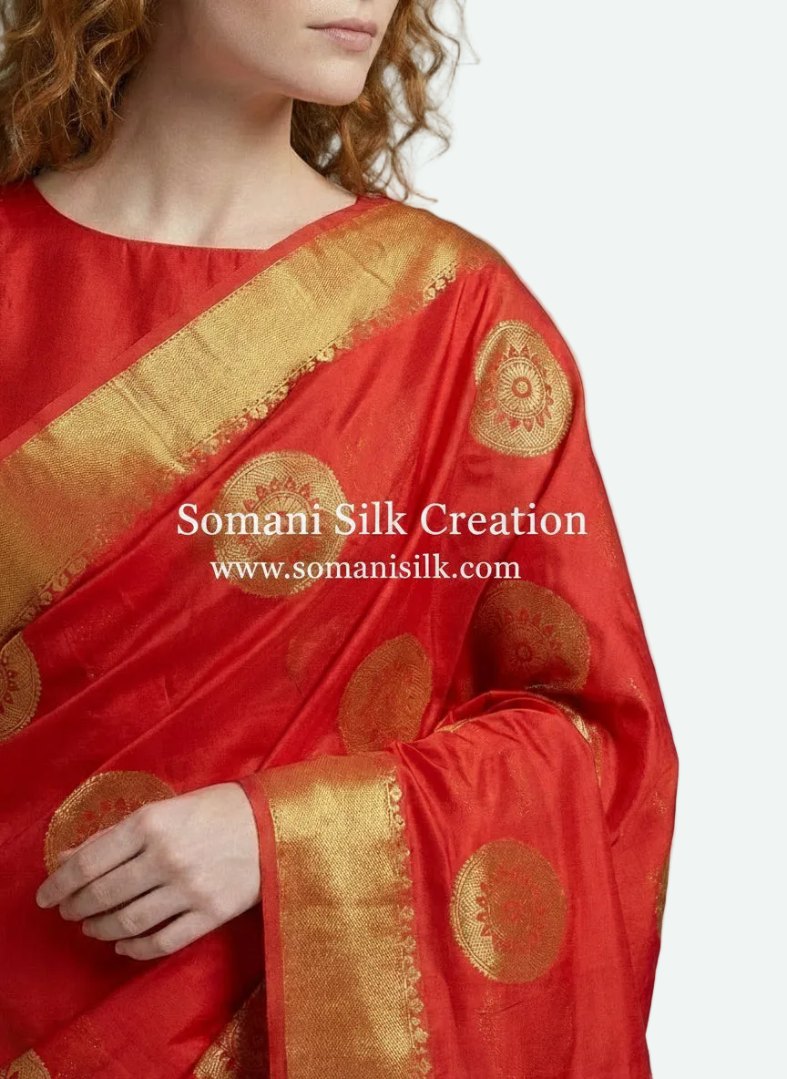 Red Erkali Chanderi Saree with Golden Zari Buti