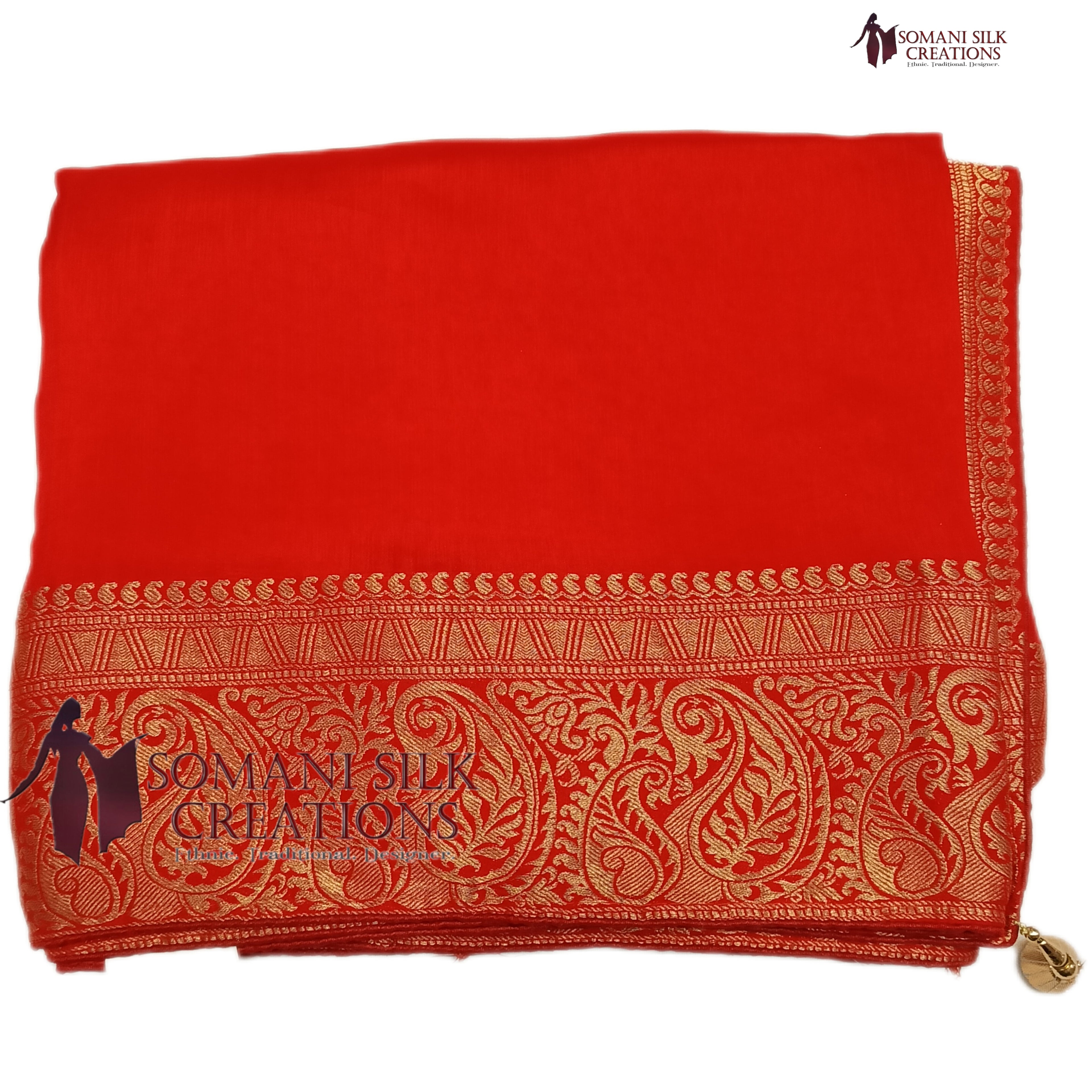 red colour plain saree with golden border dola saree