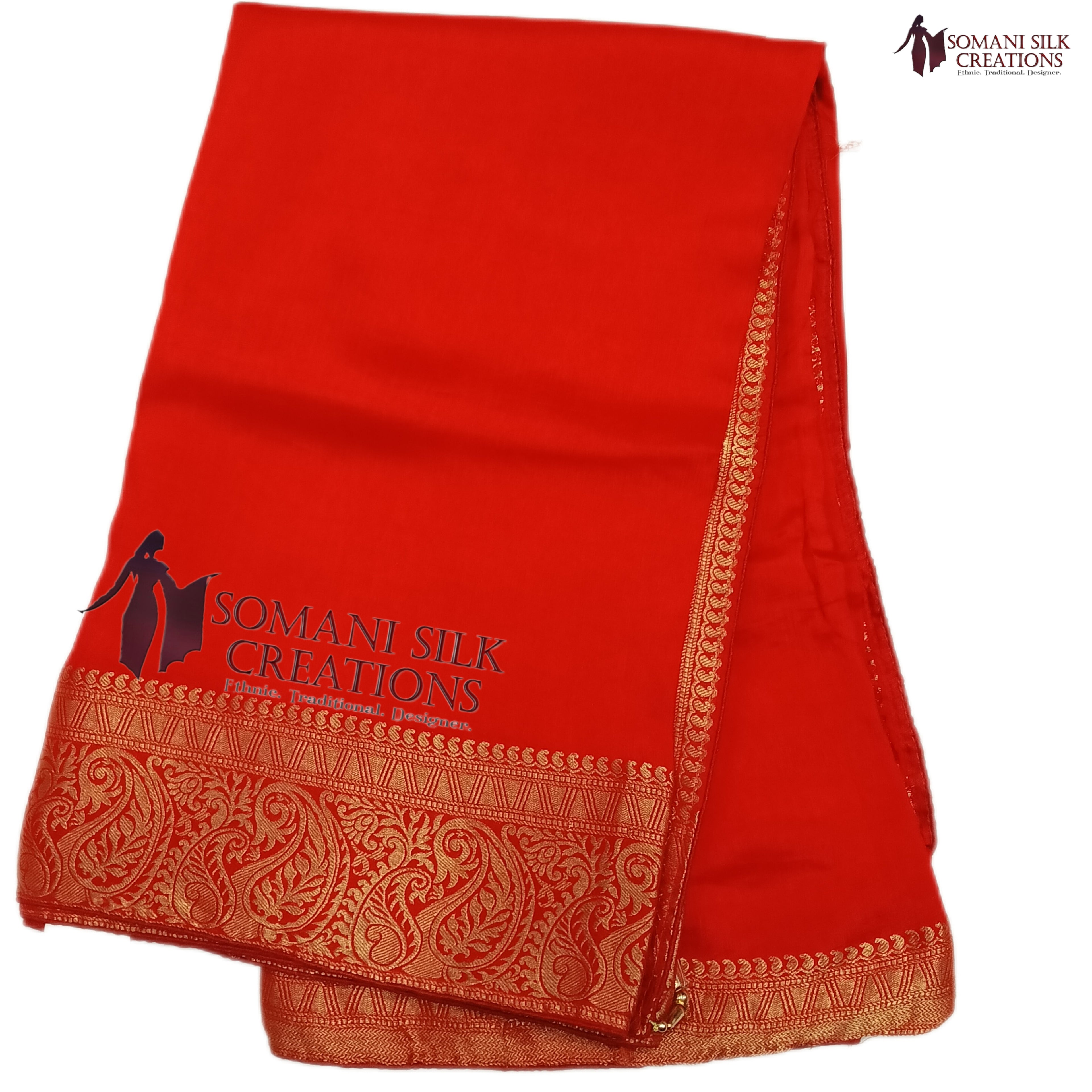 red colour plain saree with golden border dola saree