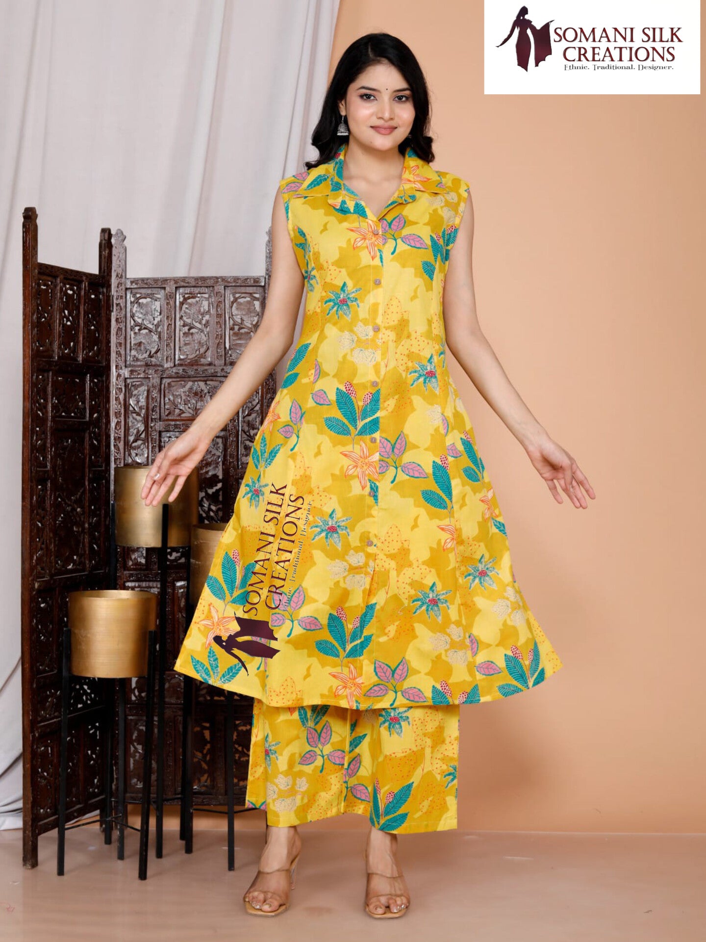 sleeveless palazzo suit yellow color