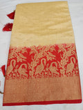 Off white cream and red color saree with stone work