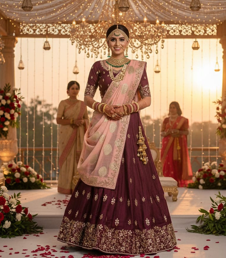 wine colour side lehanga, lehanga in gwalior, bridal side lehanga